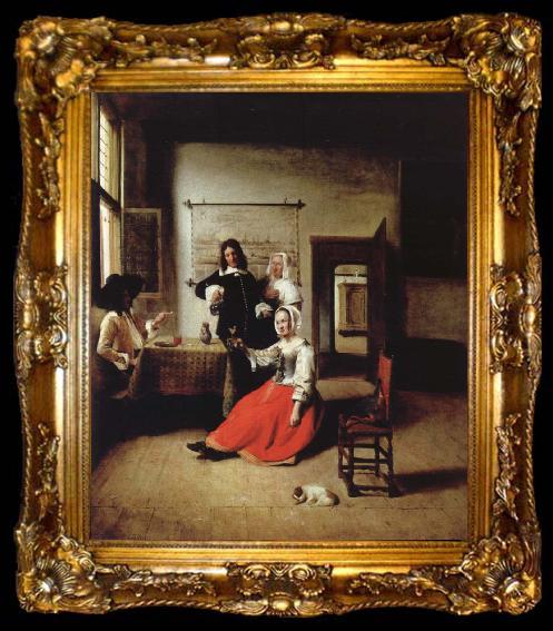 framed  Pieter de Hooch Weintrinkende woman in the middle of these men, ta009-2